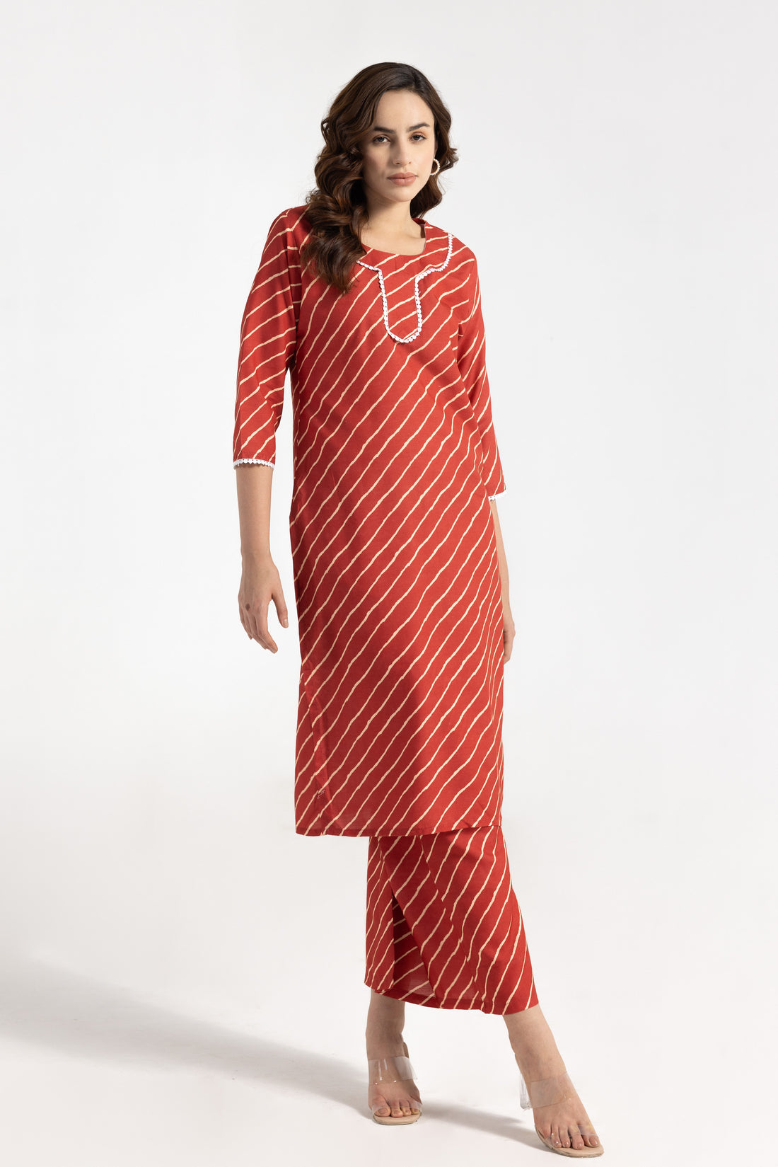 Rust Red Striped Kurta Set with Lace Detailing