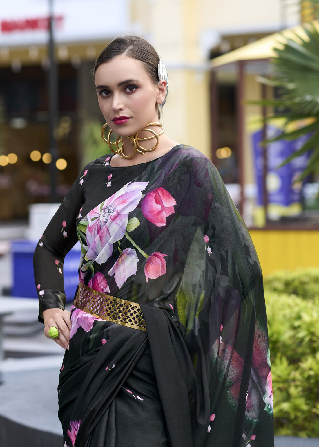 Elegant Floral Georgette Saree with Flowing Drape