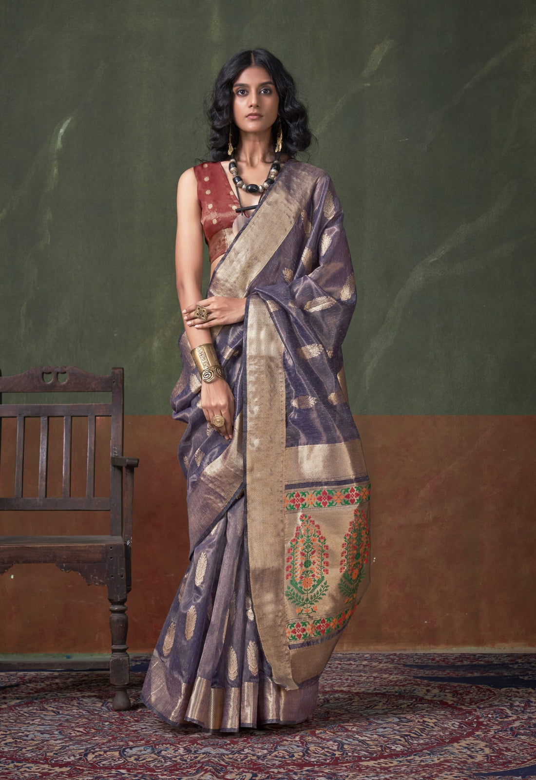 Banarasi Silk Saree with Antique Zari & Floral Pallu
