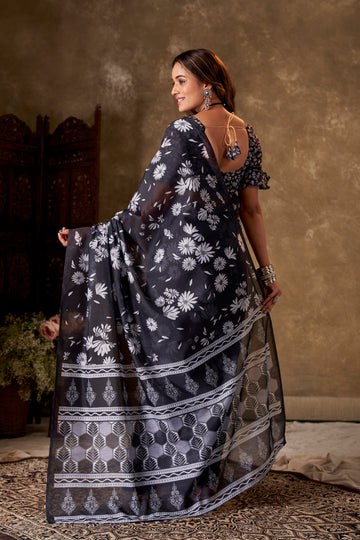 BEAUTIFULL FLORAL PRINT BLACK SAREE