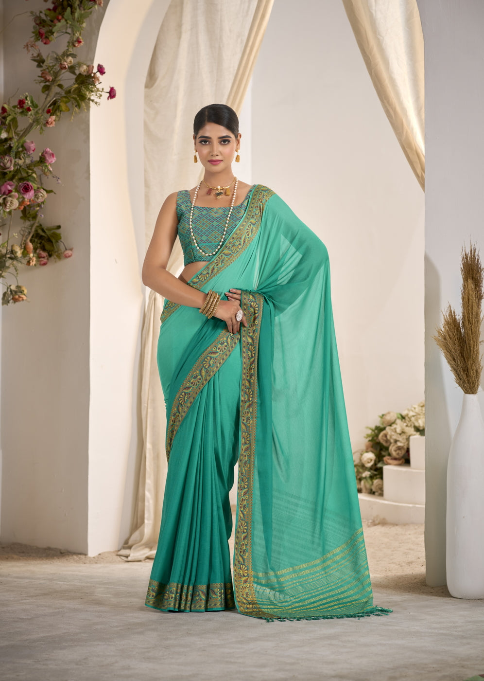 Pure Crepe with Fancy Border and Blouse