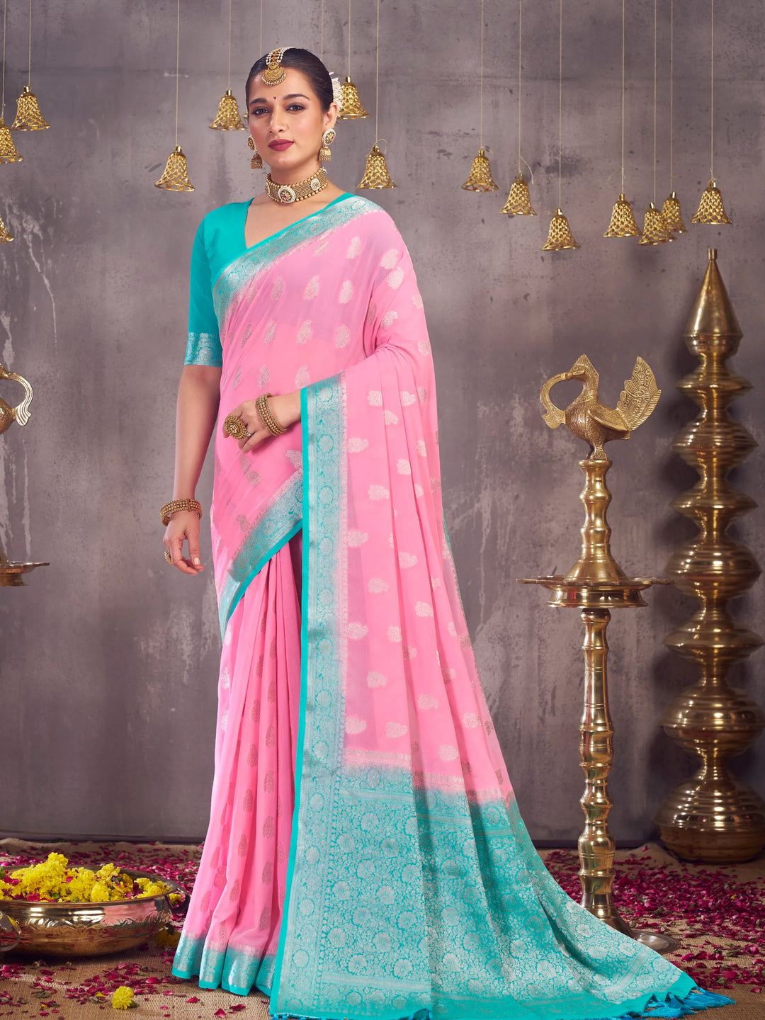 Sargam light pink pure georgette saree