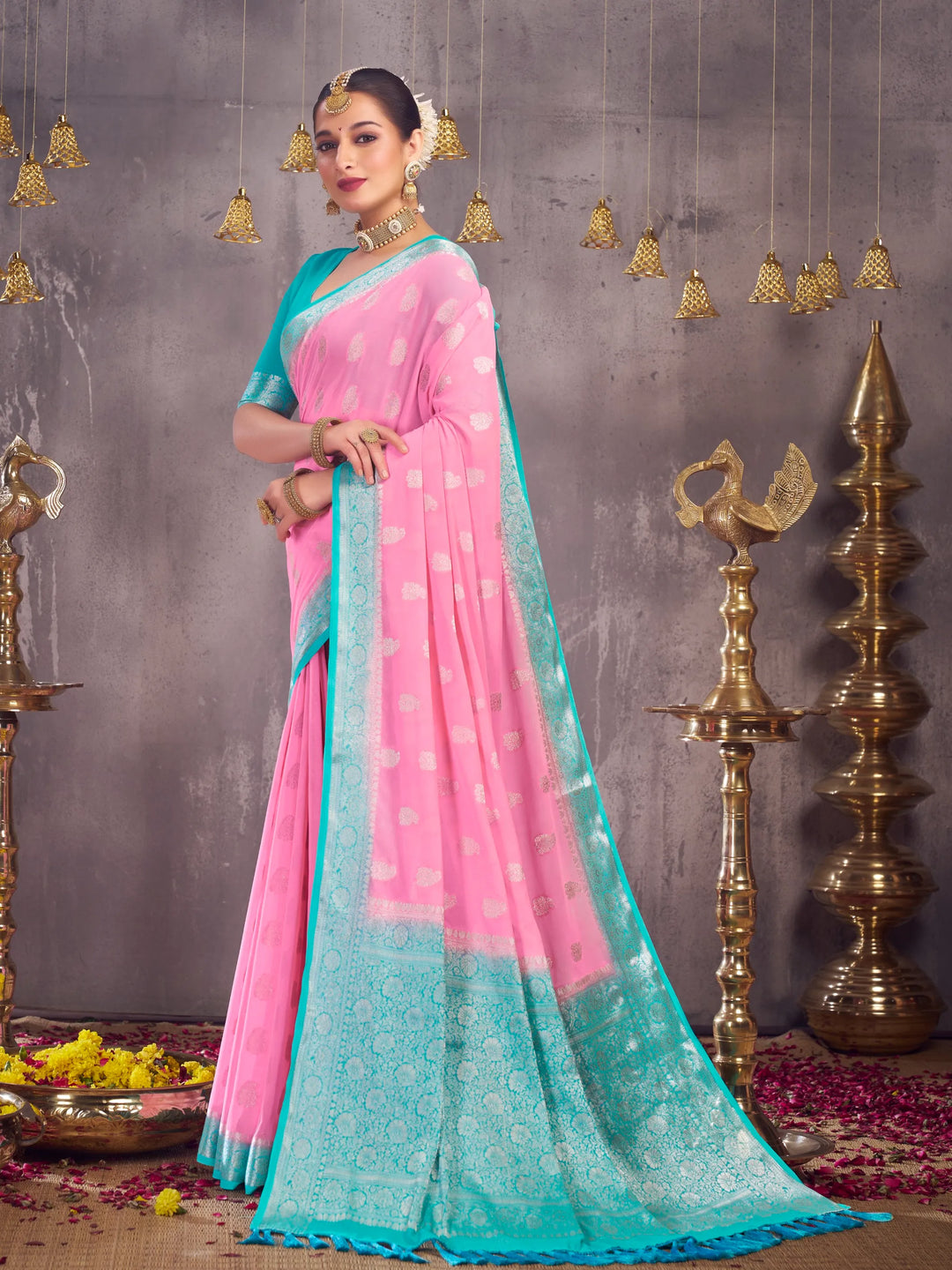 Sargam light pink pure georgette saree