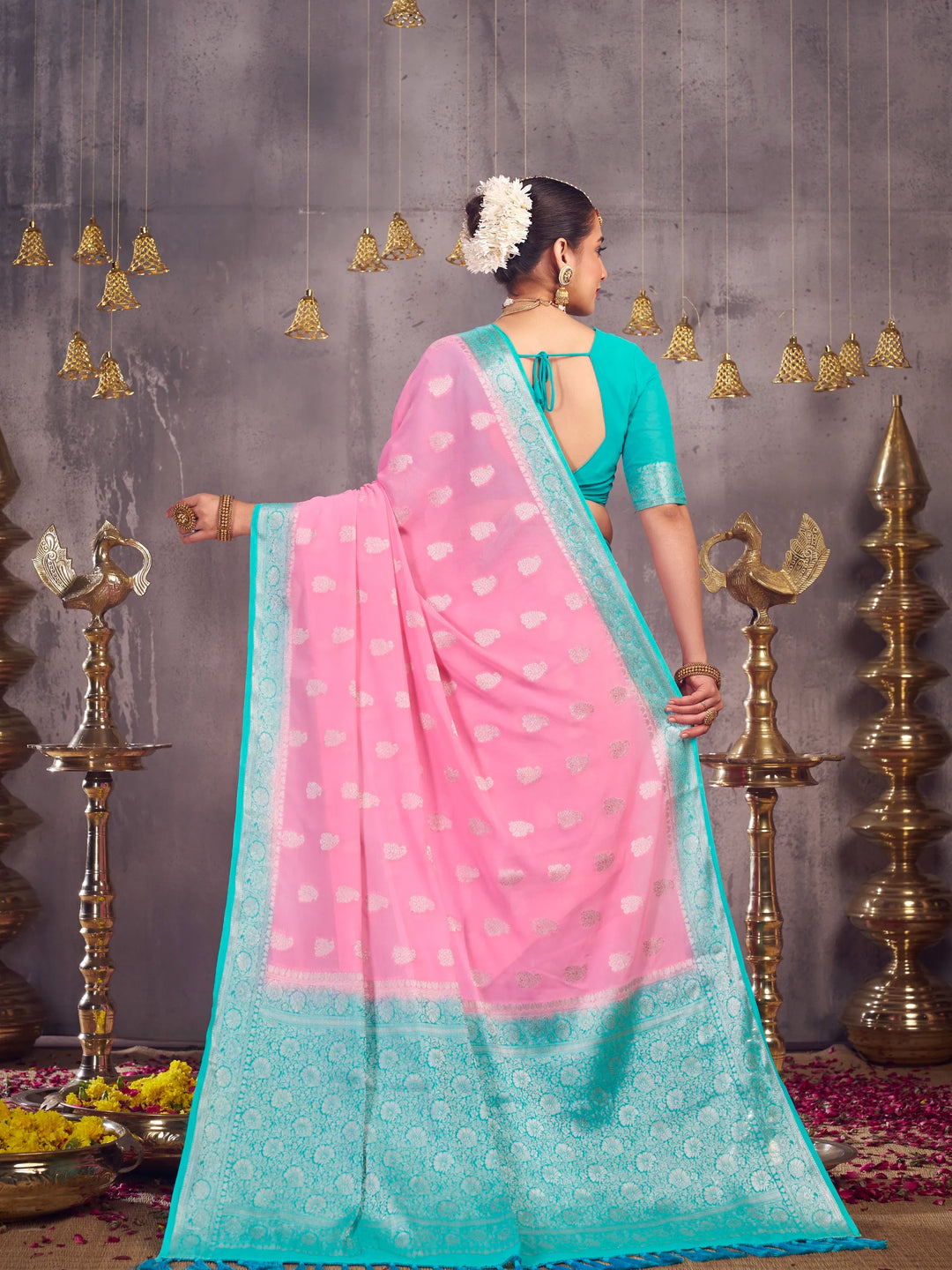 Sargam light pink pure georgette saree