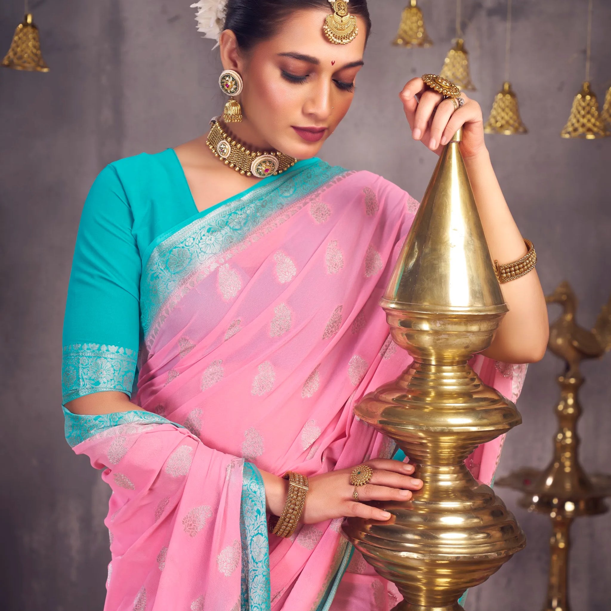 Sargam light pink pure georgette saree