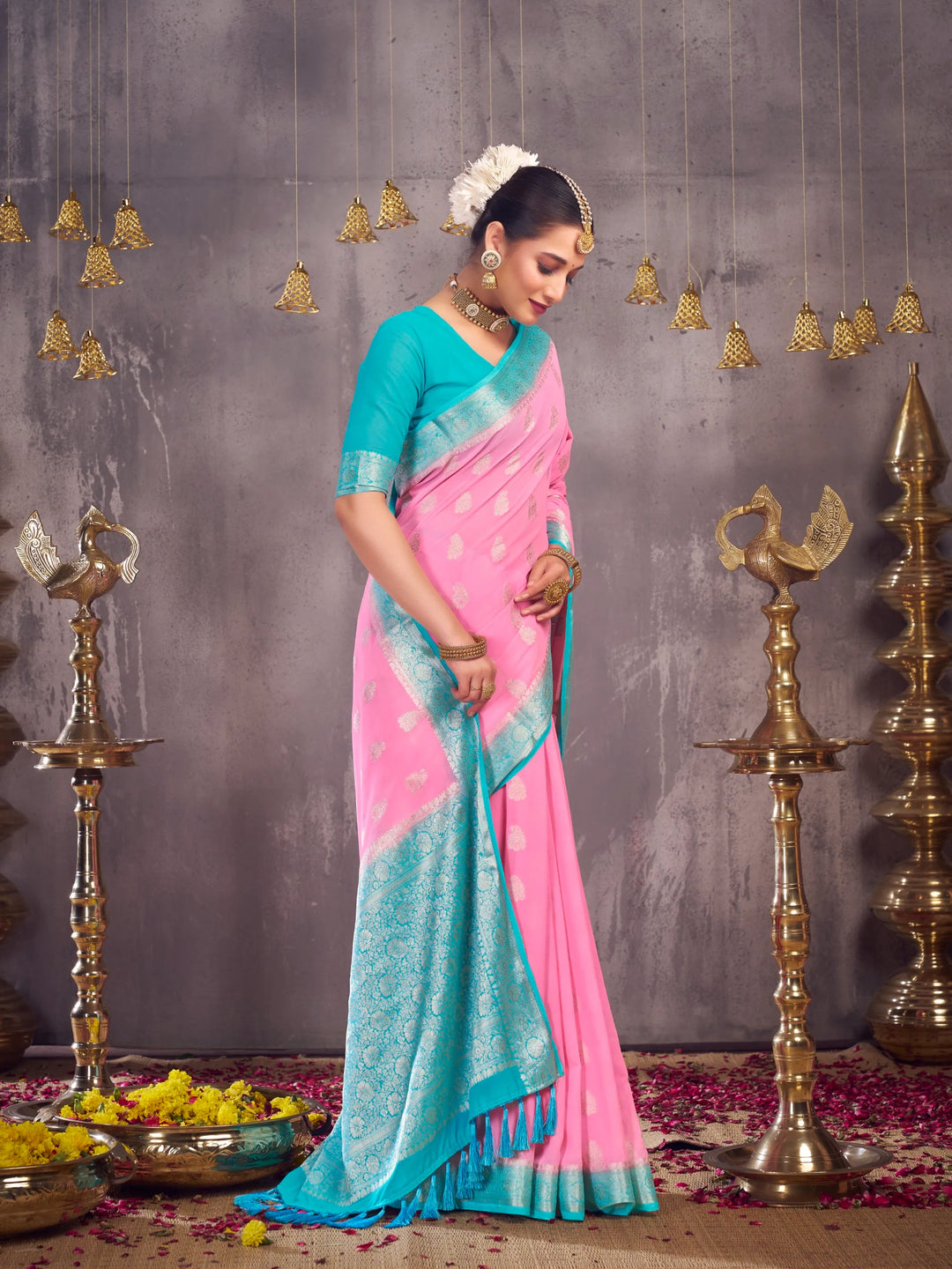 Sargam light pink pure georgette saree