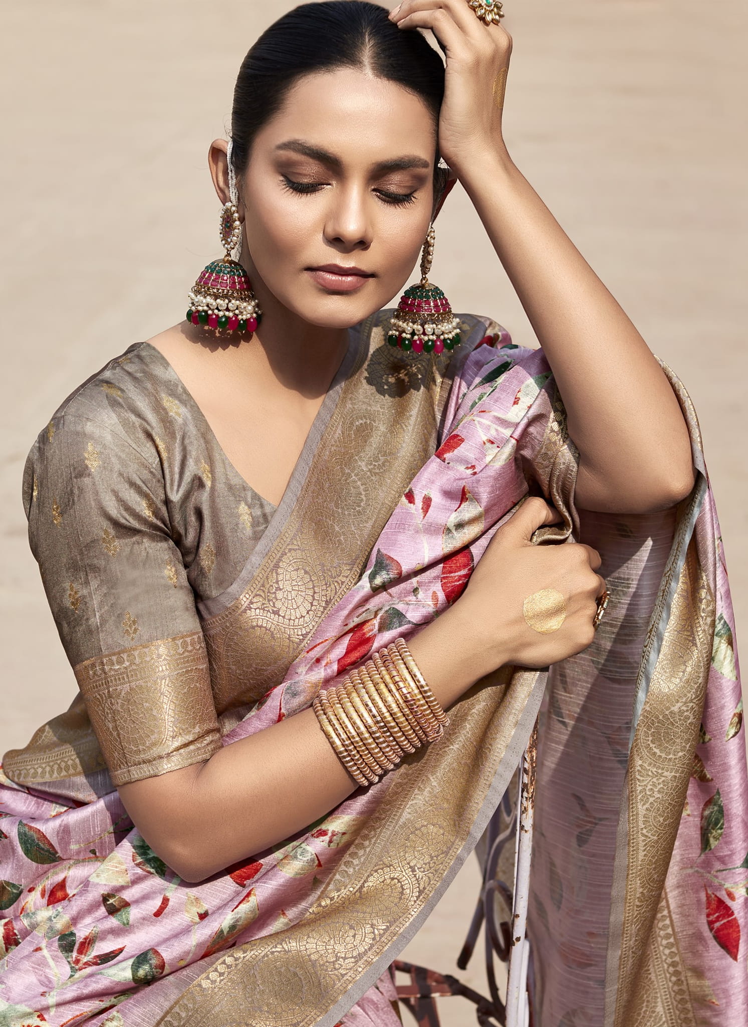 Art Silk Saree with Hand-Painted Motifs