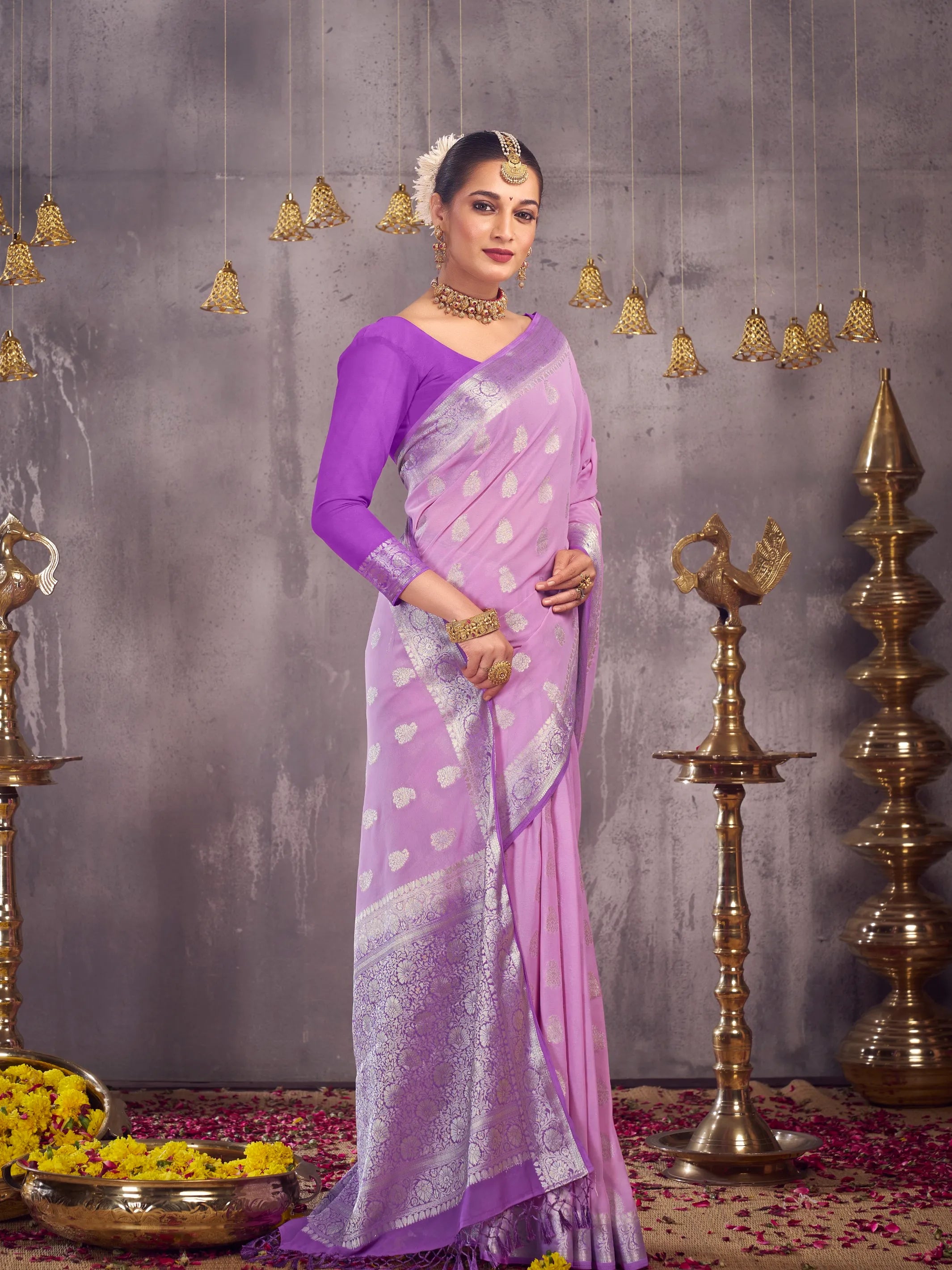 Embroidered Georgette Saree in Lavender - Ucchal Fashion