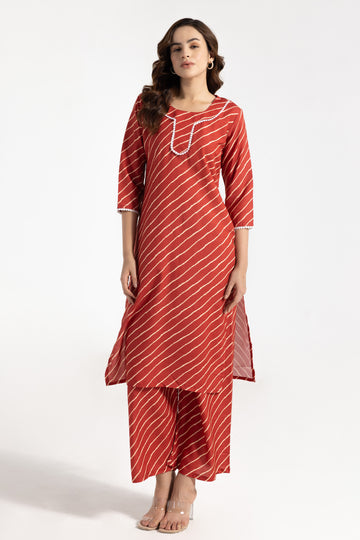 Rust Red Striped Kurta Set with Lace Detailing