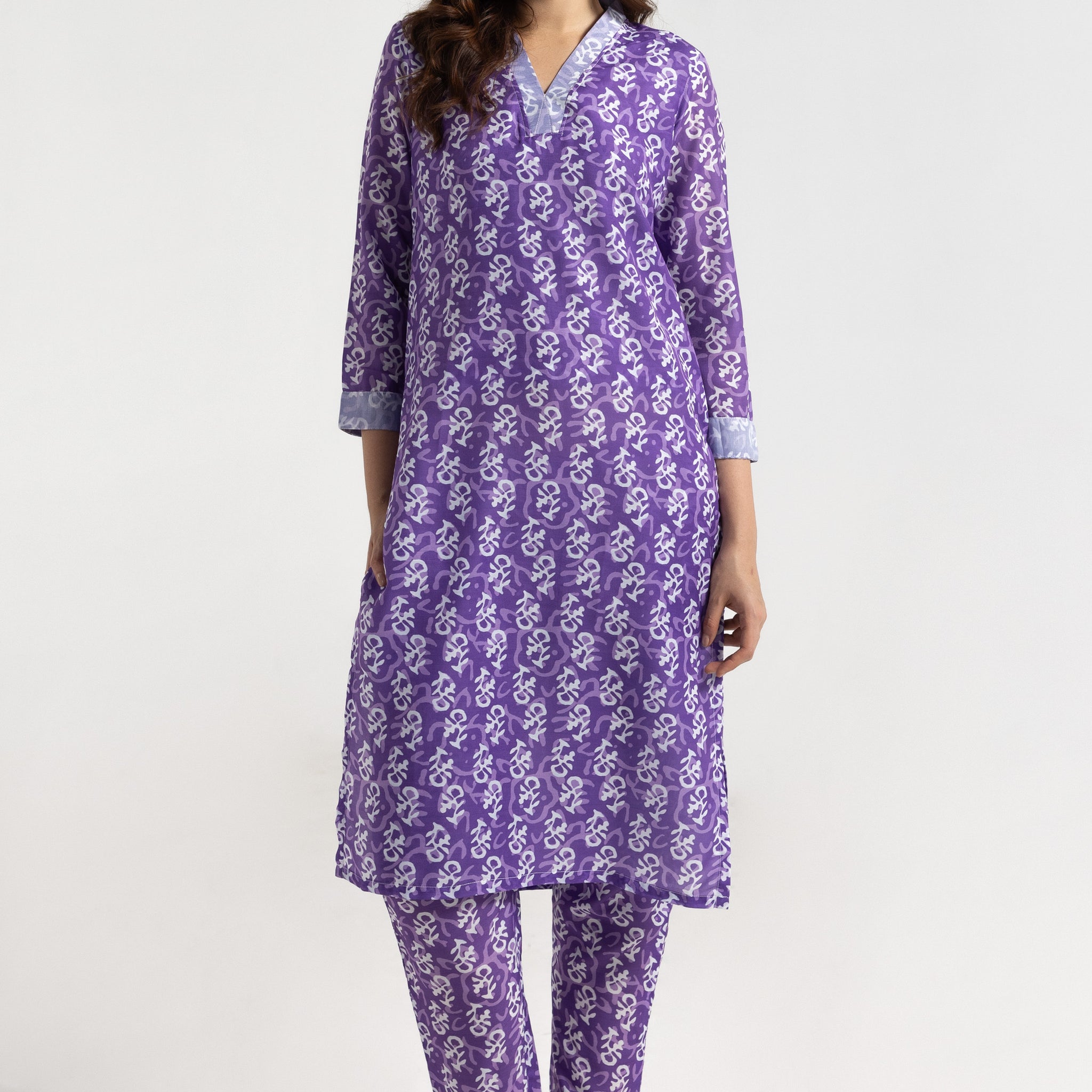 Purple Handblock Print Kurta Set