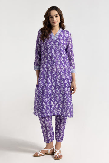 Purple Handblock Print Kurta Set