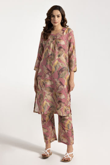 Blush Pink Leaf Print Kurta Set