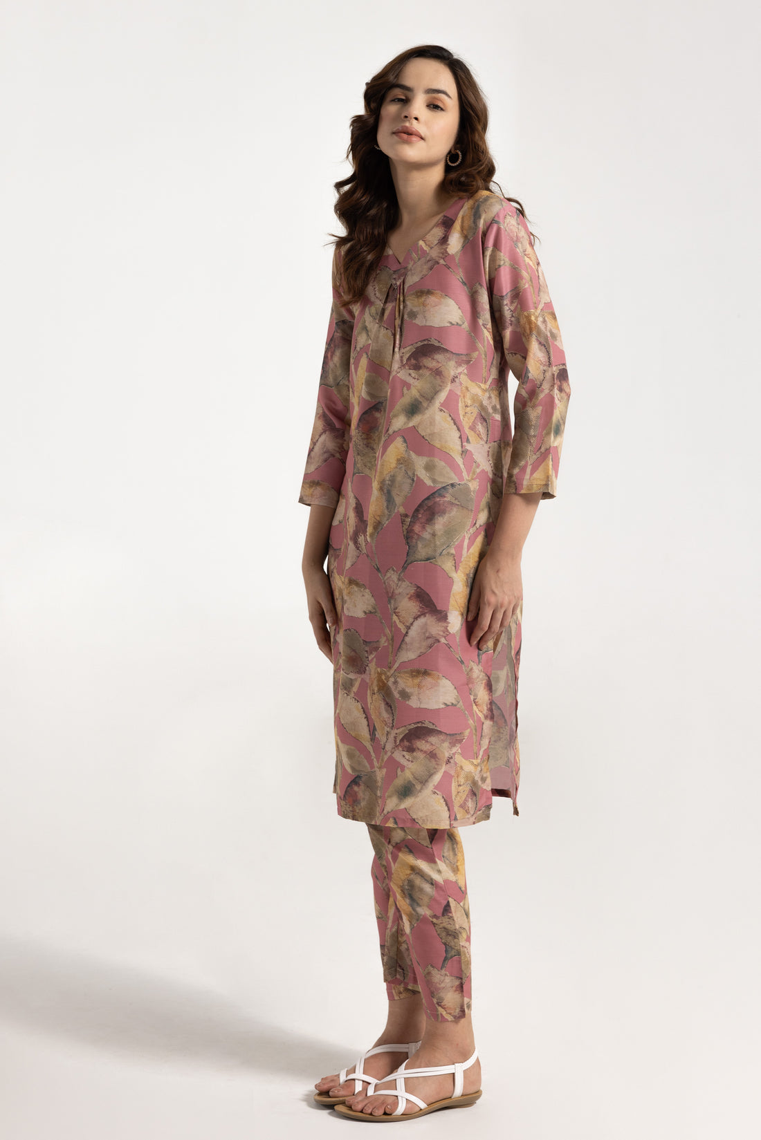 Blush Pink Leaf Print Kurta Set