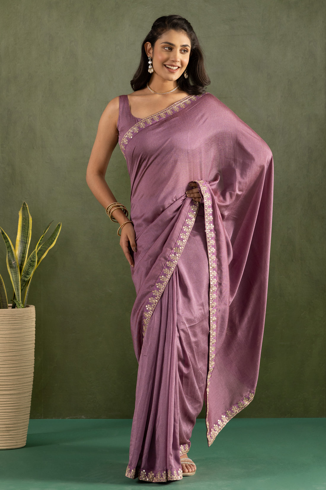 Dusty Rose Zari Border Ready-to-Wear Saree