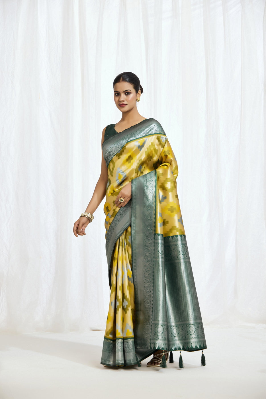 Ikat-Inspired Kanjeevaram Silk Saree with Contrast Border