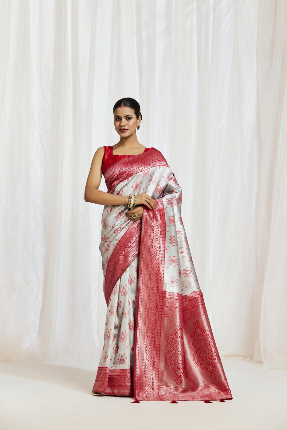 Ikat-Inspired Kanjeevaram Silk Saree with Contrast Border