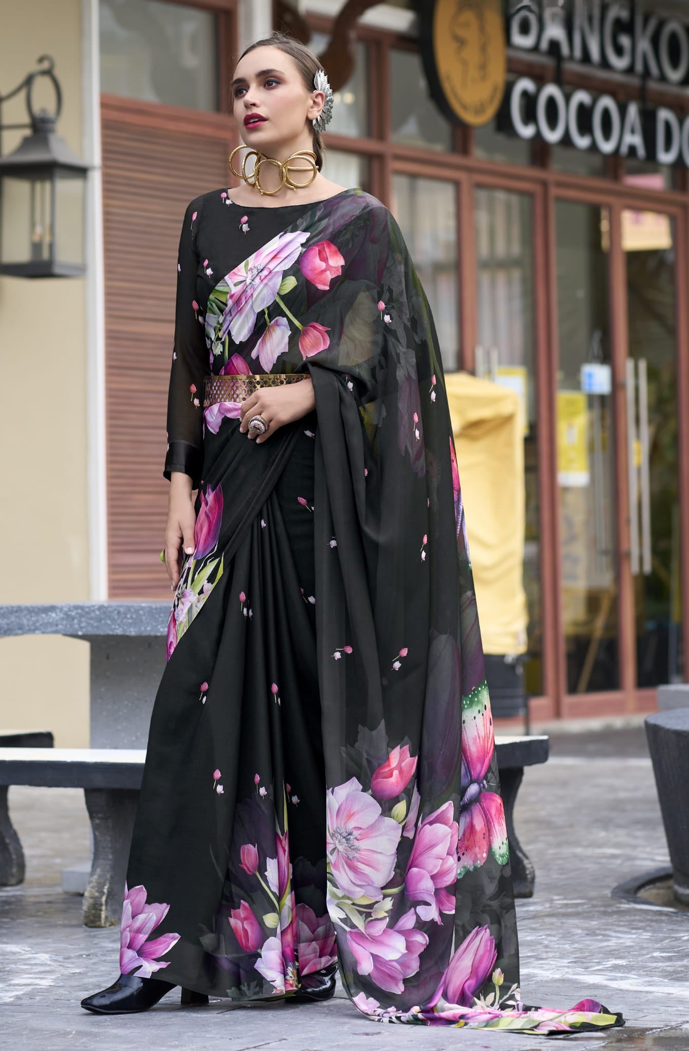 Elegant Floral Georgette Saree with Flowing Drape