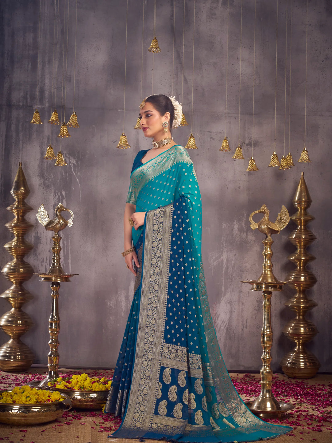 Bindia 3 aqua blue pure viscose saree