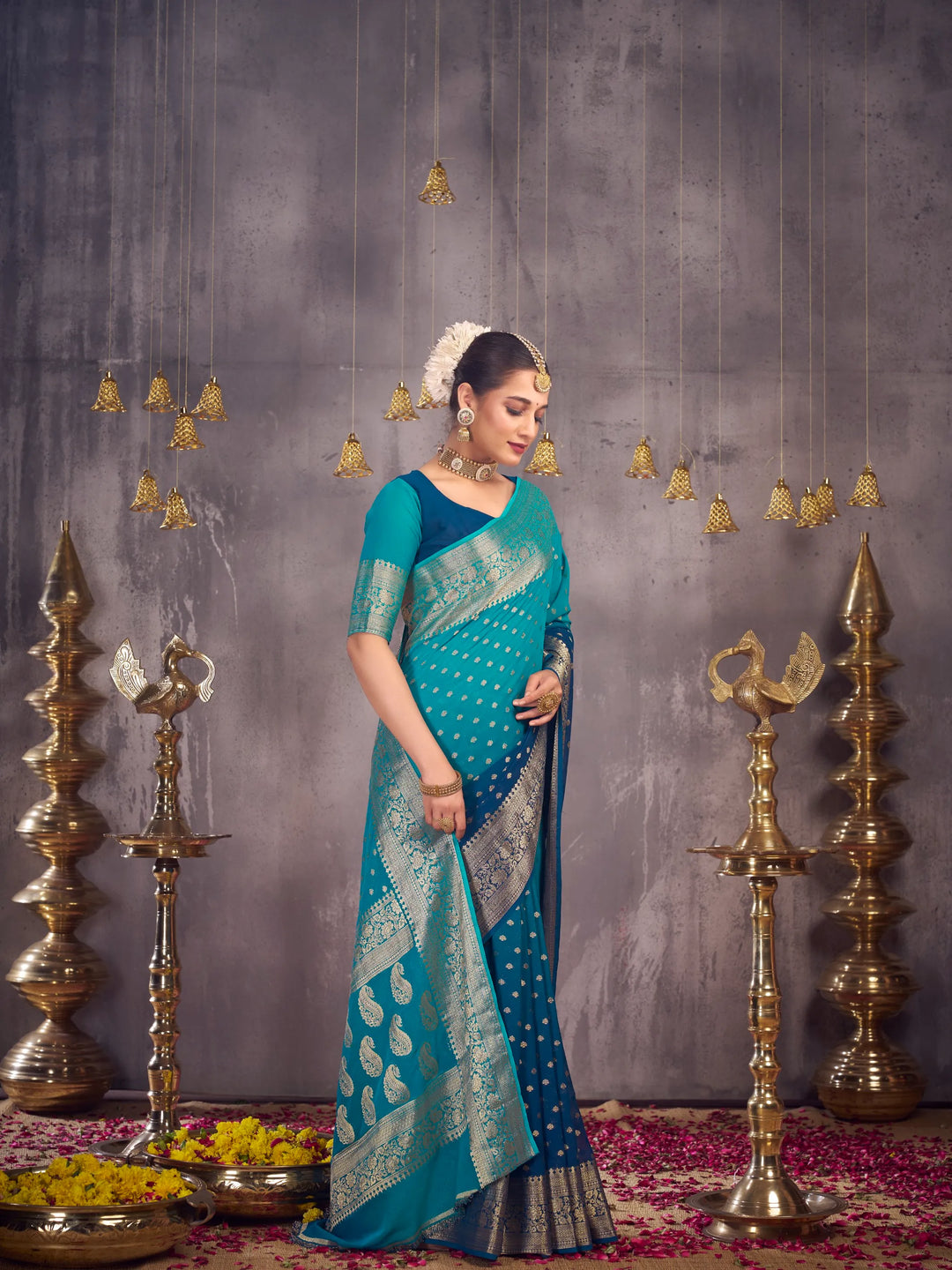 Bindia 3 aqua blue pure viscose saree