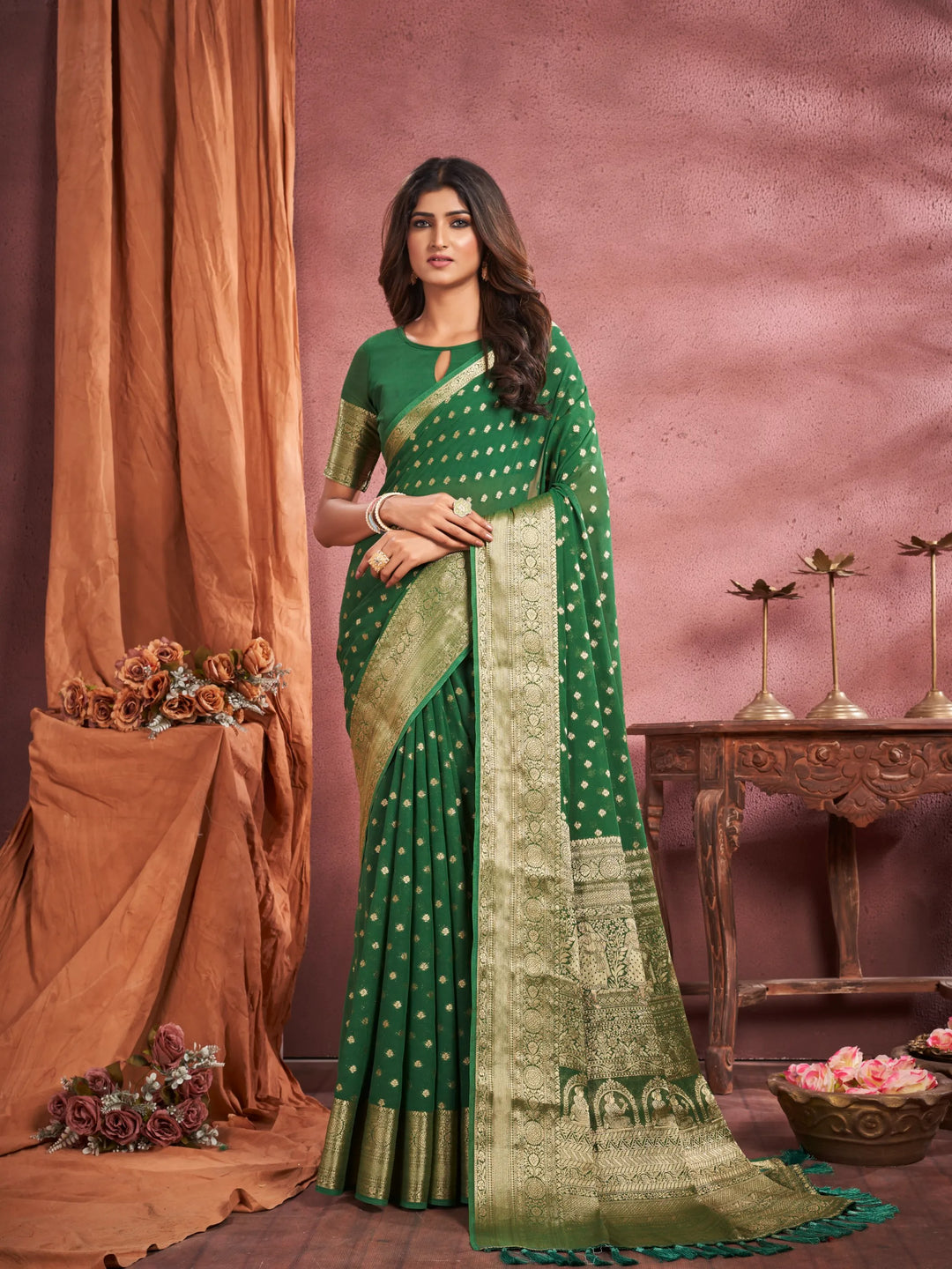 KUM KUM  Dusty Green Pure viscose Georgette saree