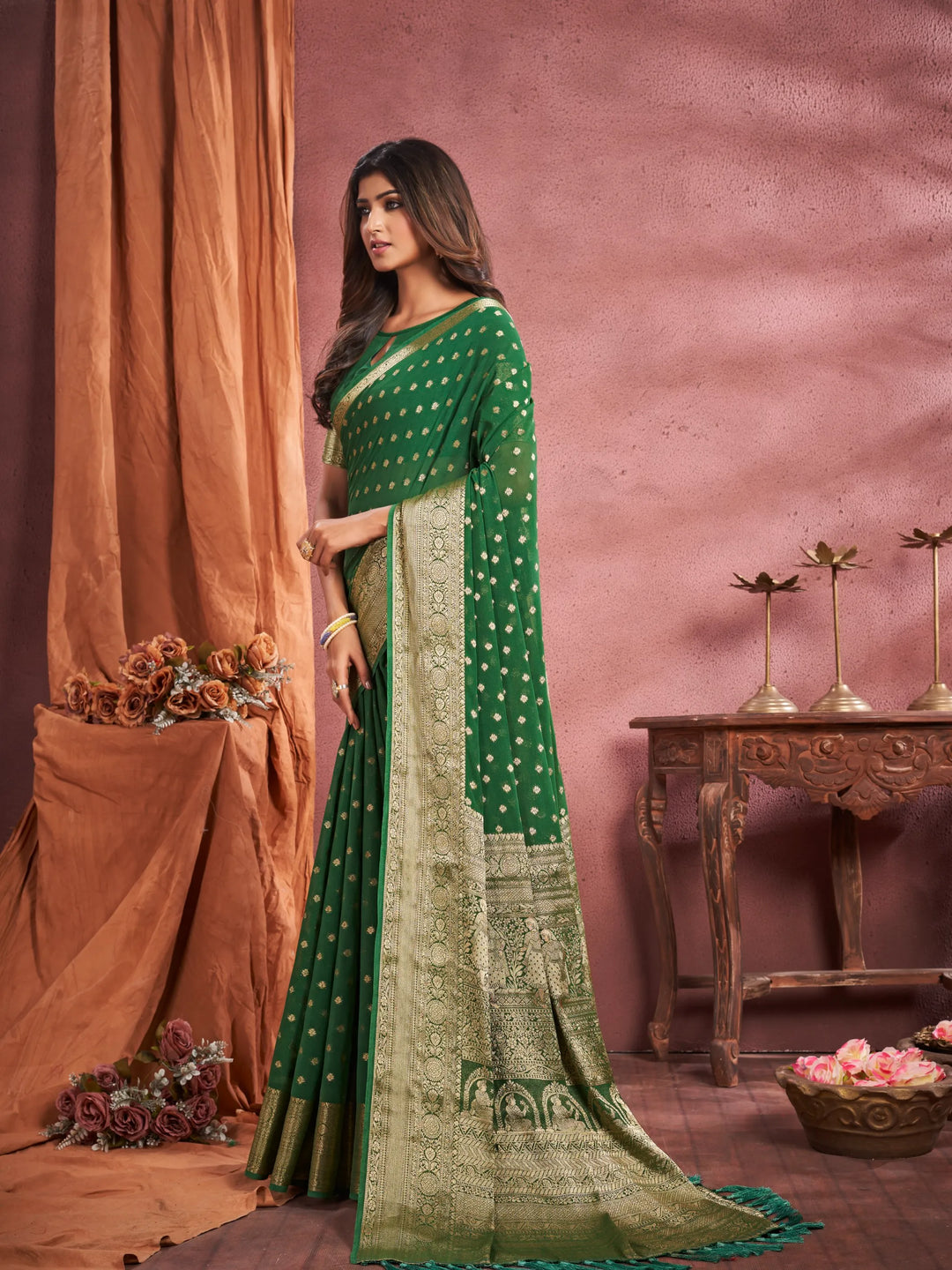 KUM KUM  Dusty Green Pure viscose Georgette saree