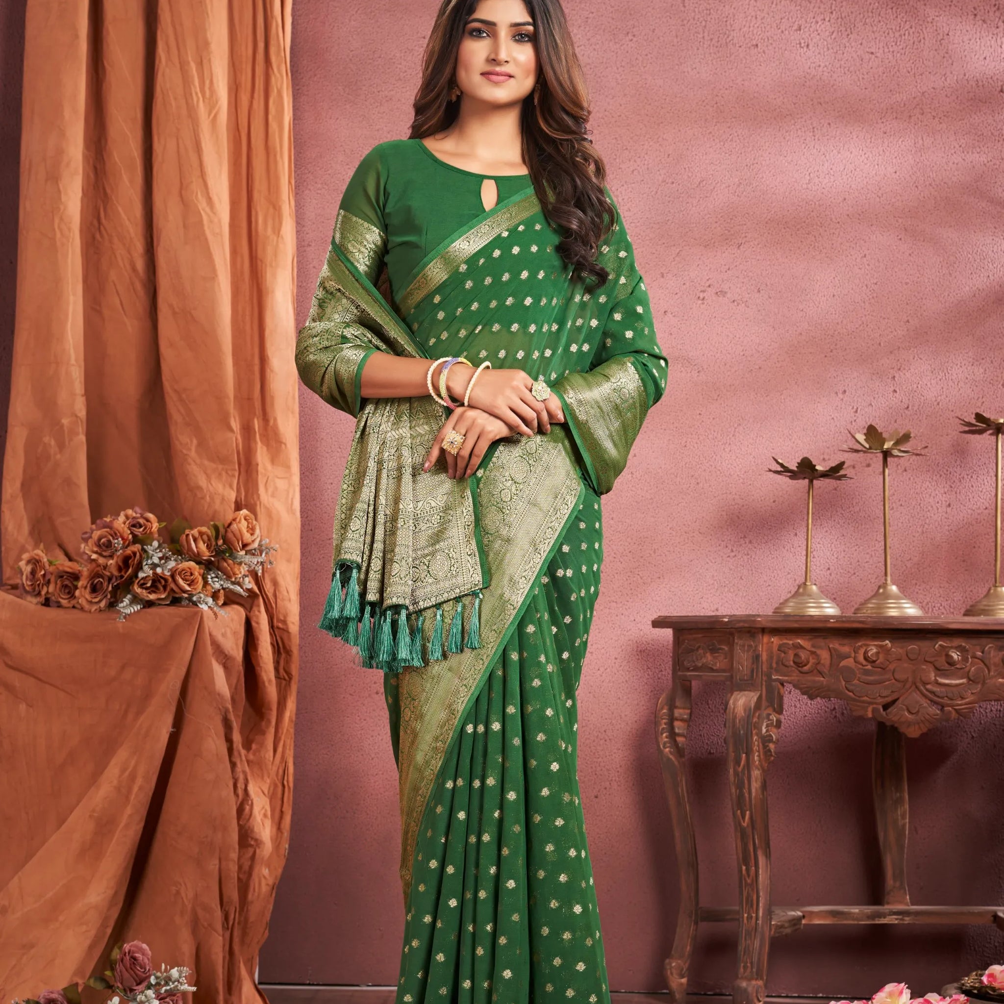KUM KUM  Dusty Green Pure viscose Georgette saree