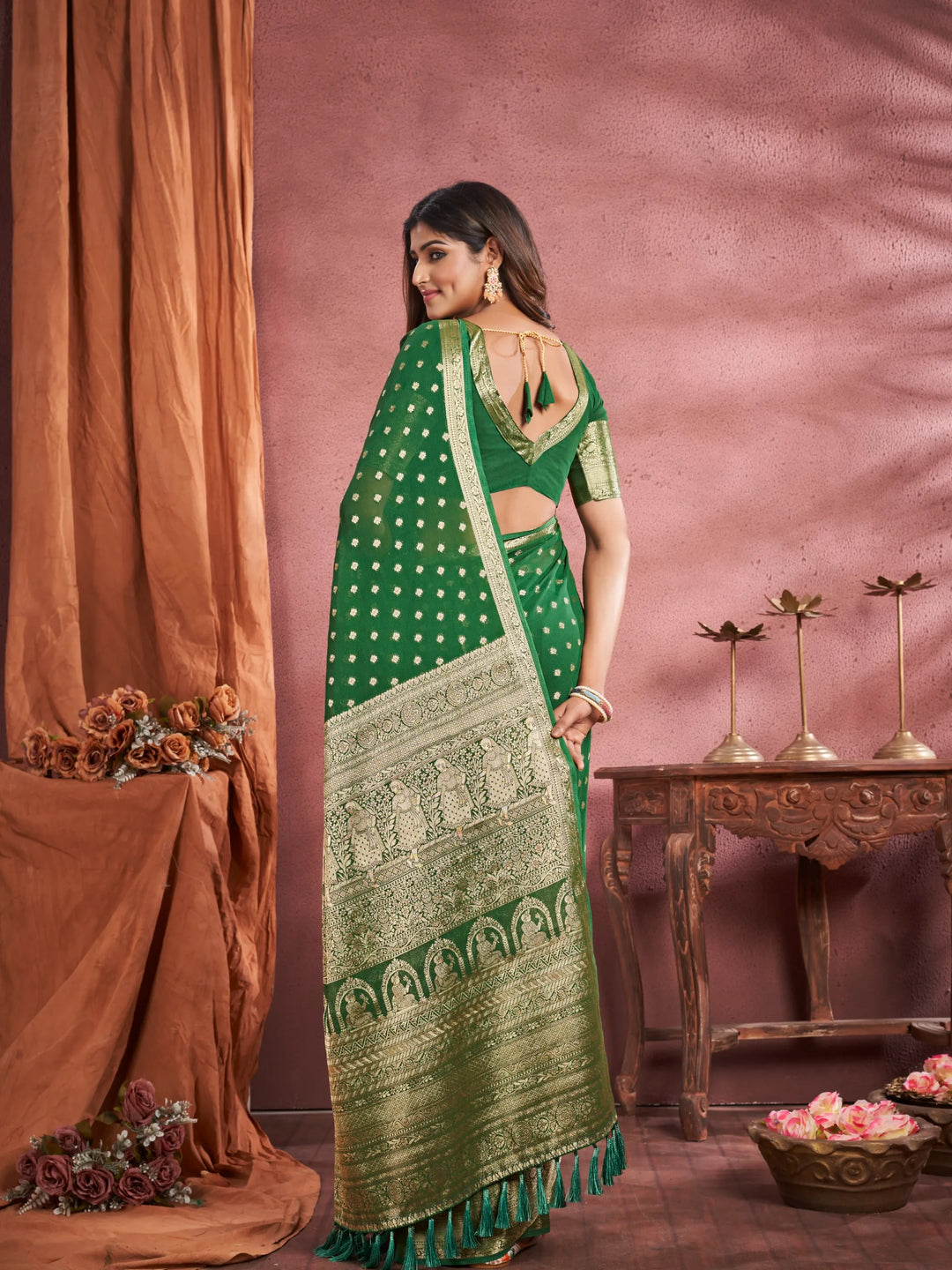 KUM KUM  Dusty Green Pure viscose Georgette saree