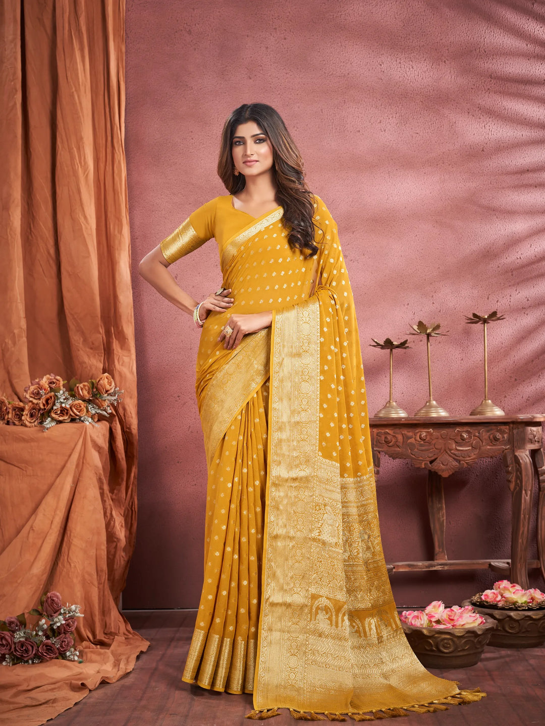 KUM KUM  Dusty Yellow Pure viscose Georgette saree