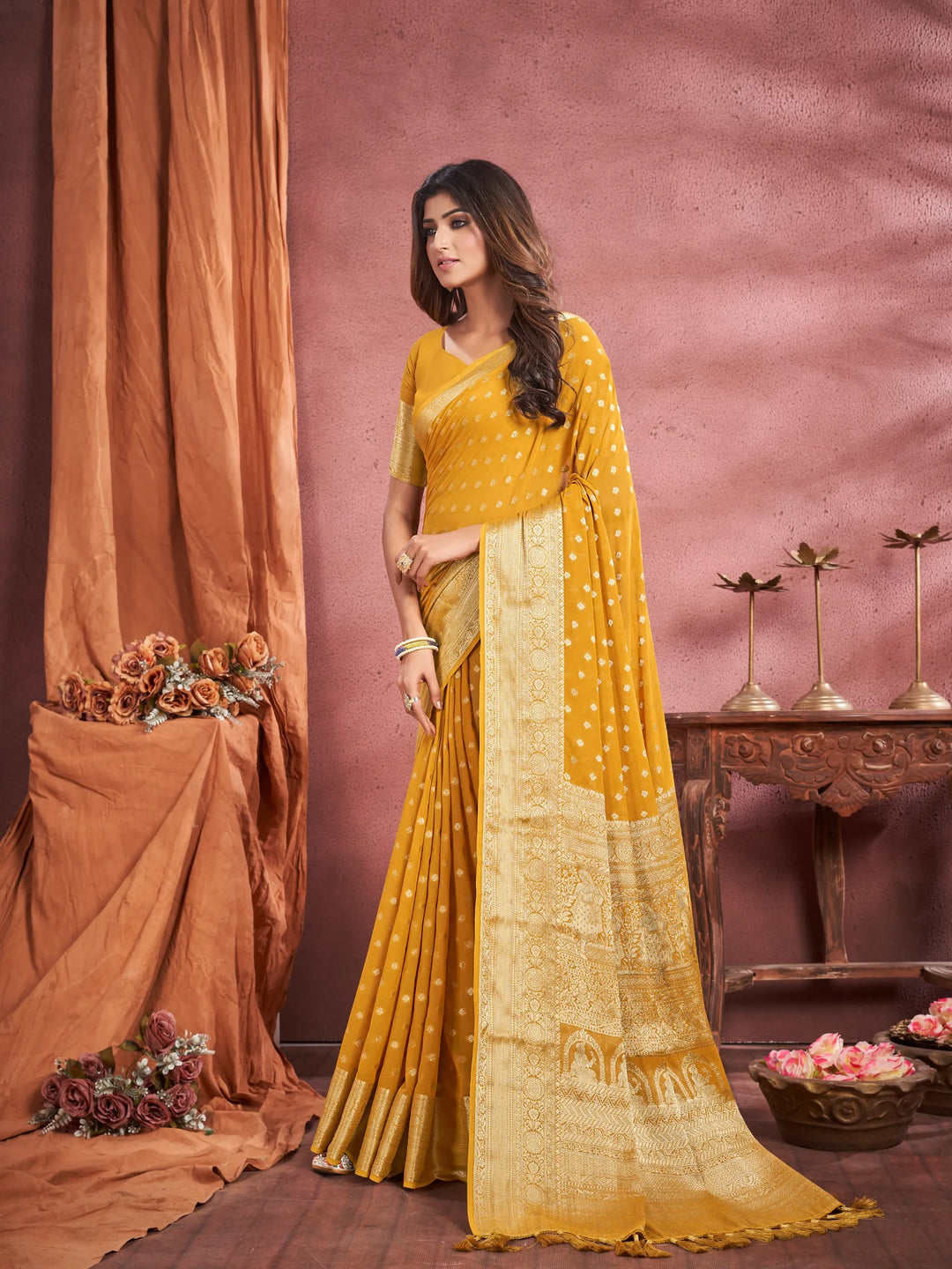 KUM KUM  Dusty Yellow Pure viscose Georgette saree