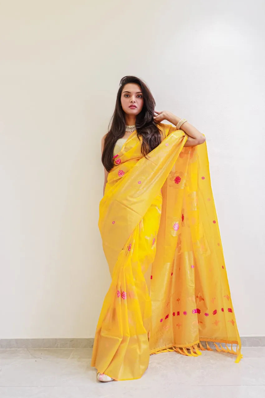 Saloni Yellow Meena Organza Saree