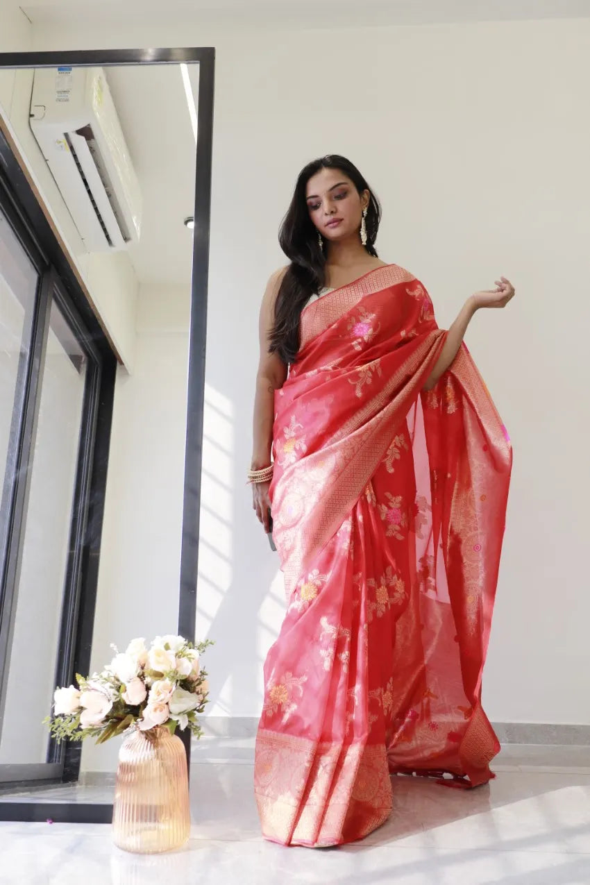 Saloni Red Meena Organza Saree