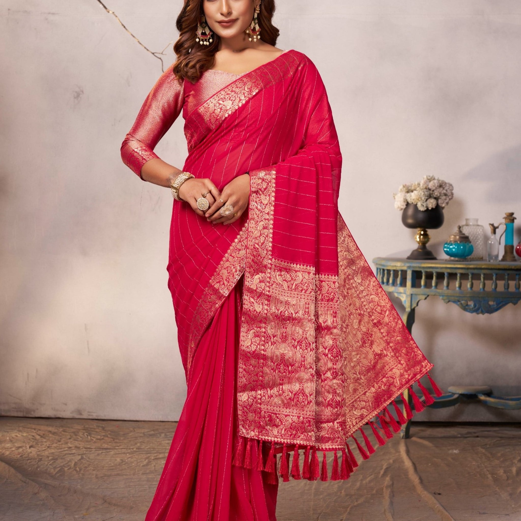 RAINBOW ZARI RED VISCOSE SAREE