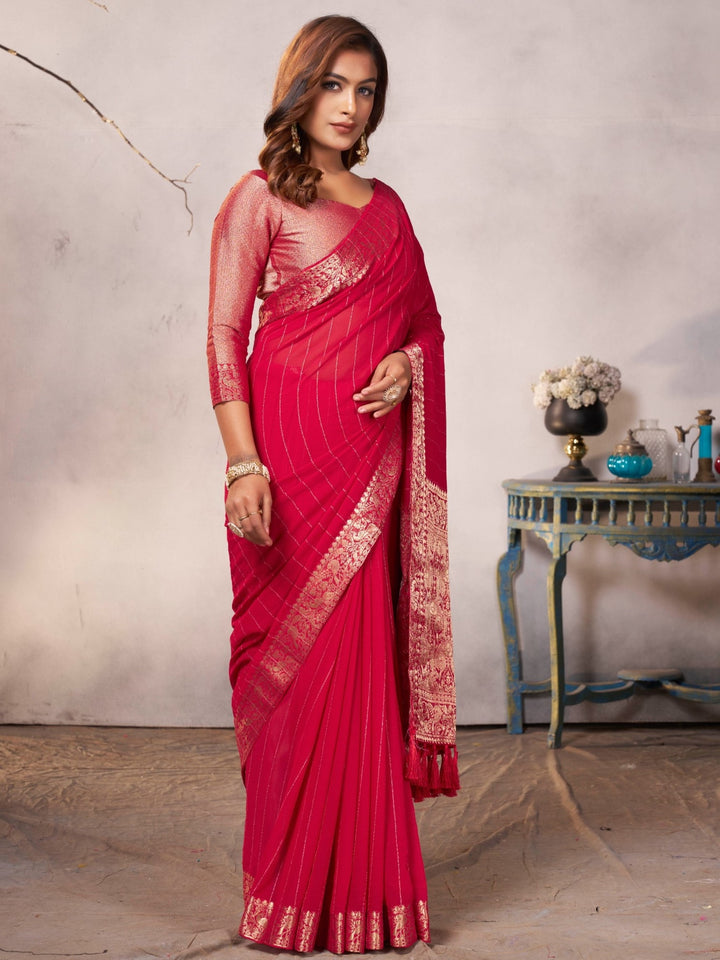 RAINBOW ZARI RED VISCOSE SAREE