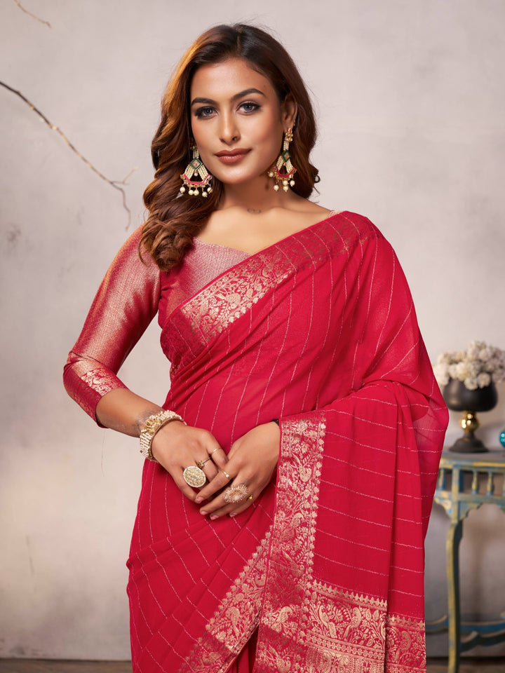 RAINBOW ZARI RED VISCOSE SAREE