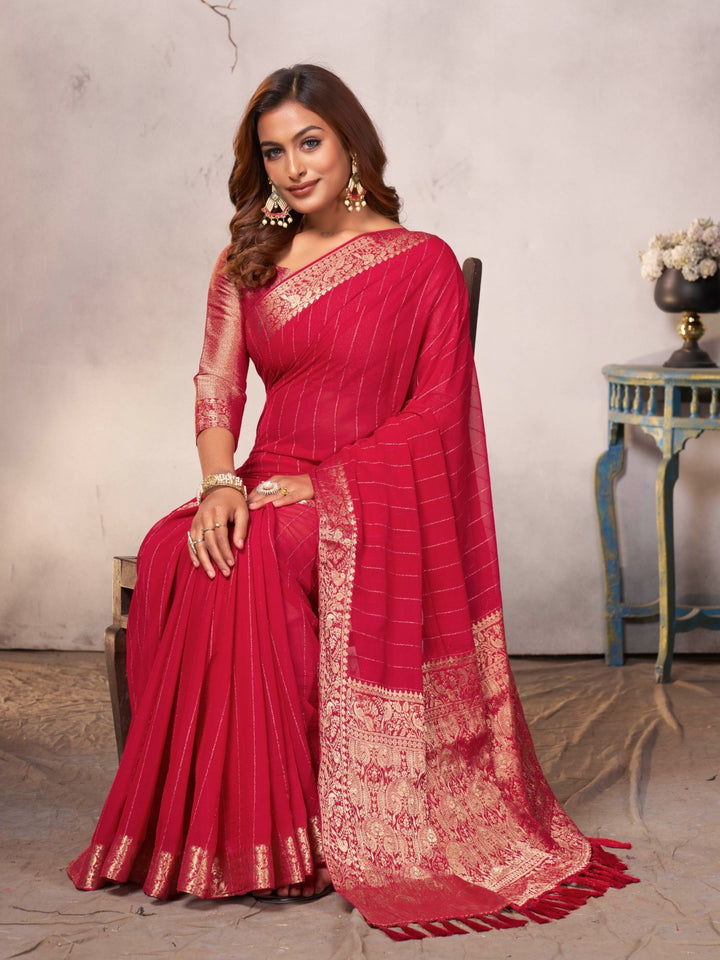 RAINBOW ZARI RED VISCOSE SAREE