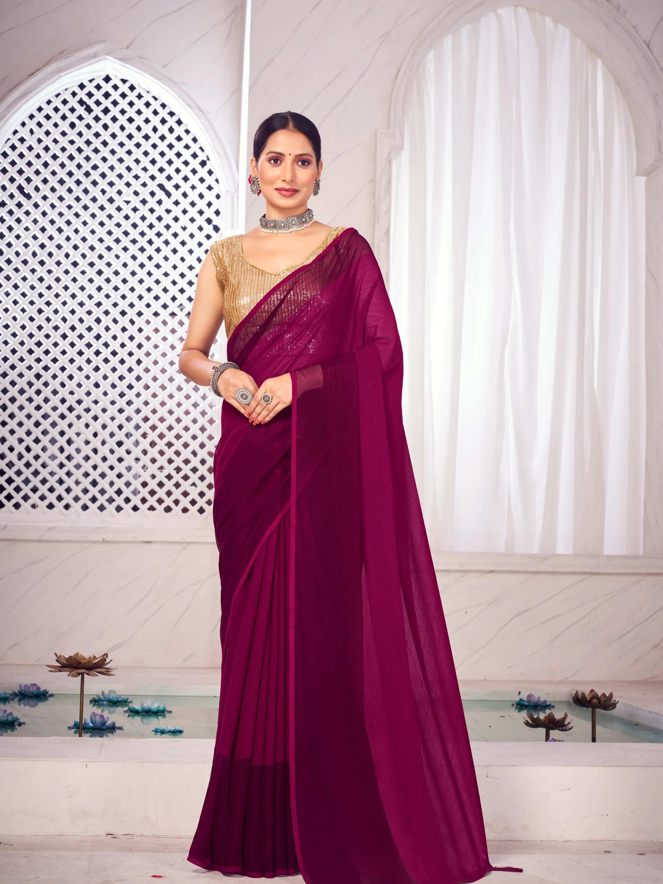 Buy Wine Pure Silk Chiffon Sequins Pearl Handwork Saree by Colorauction -  Online shopping for Sarees in India