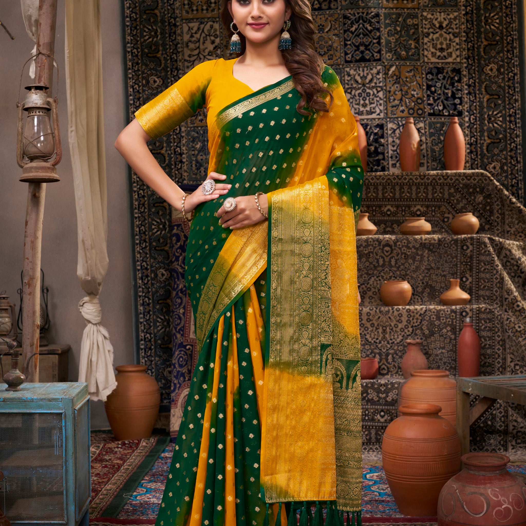 KUMKUM 2 YELLOW VISCOSE SAREE