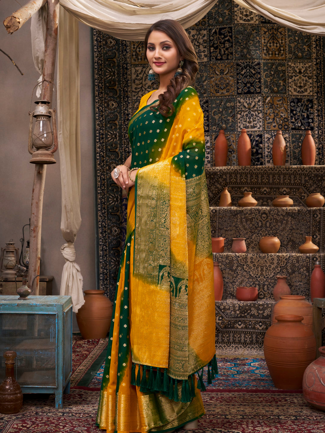 KUMKUM 2 YELLOW VISCOSE SAREE