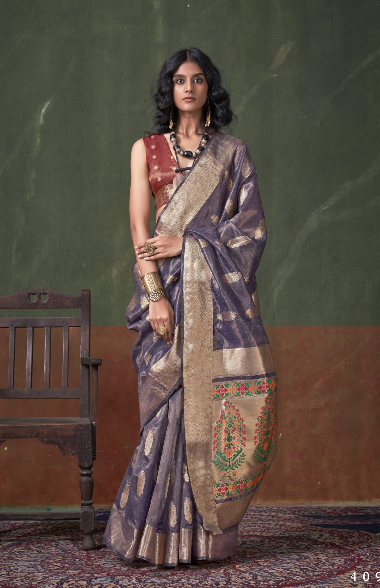 Banarasi Silk Saree with Antique Zari & Floral Pallu
