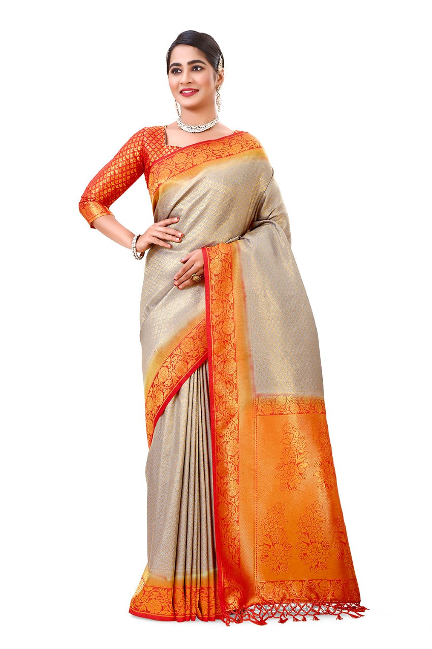 Flourious Fancy Women's Kanjivaram Silk Saree with Unstitched blouse piece