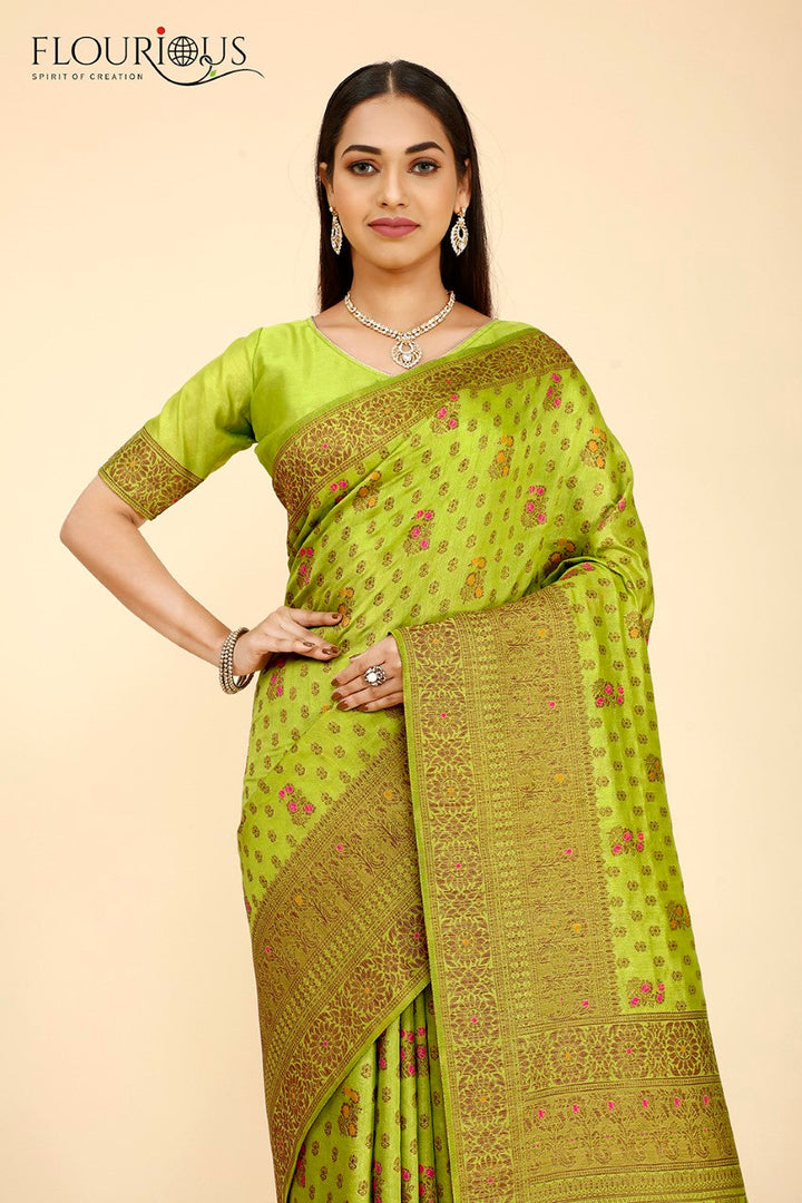 FLOURIOUS Women's Raw Silk Saree for Women with Unstitched Blouse