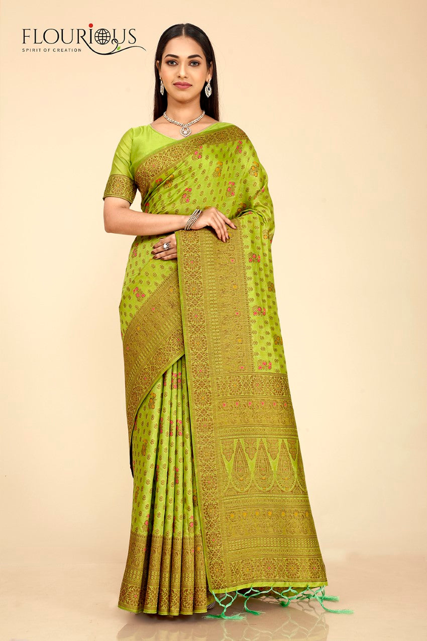 FLOURIOUS Women's Raw Silk Saree for Women with Unstitched Blouse