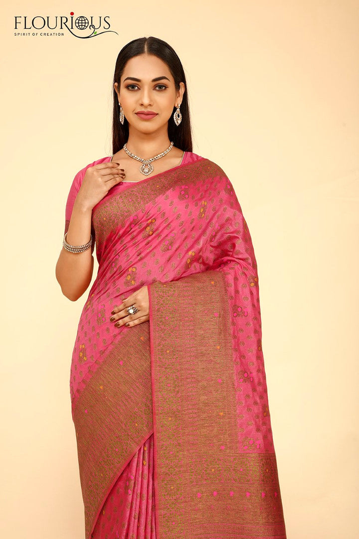 FLOURIOUS Women's Raw Silk Saree for Women with Unstitched Blouse