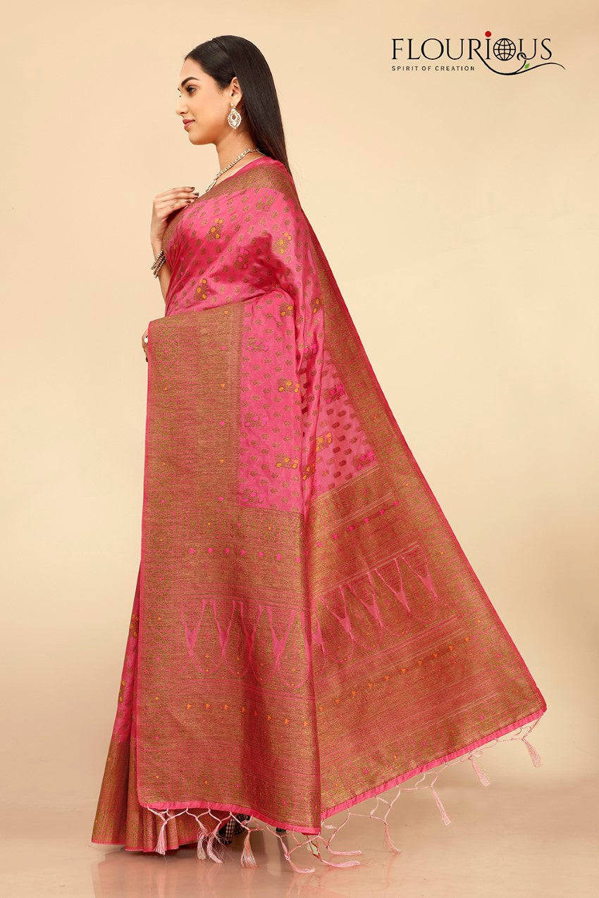 FLOURIOUS Women's Raw Silk Saree for Women with Unstitched Blouse