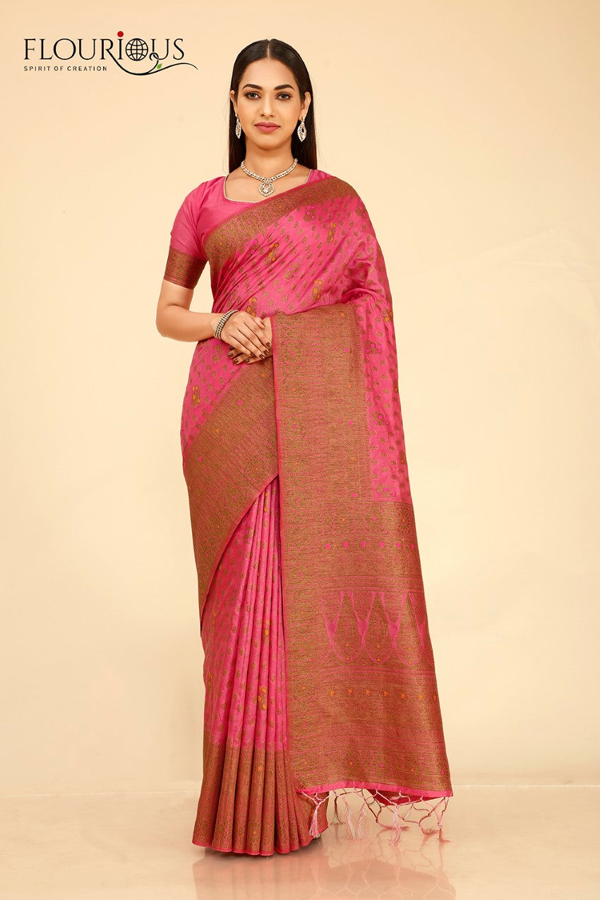 FLOURIOUS Women's Raw Silk Saree for Women with Unstitched Blouse