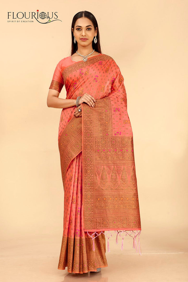 FLOURIOUS Women's Raw Silk Saree for Women with Unstitched Blouse