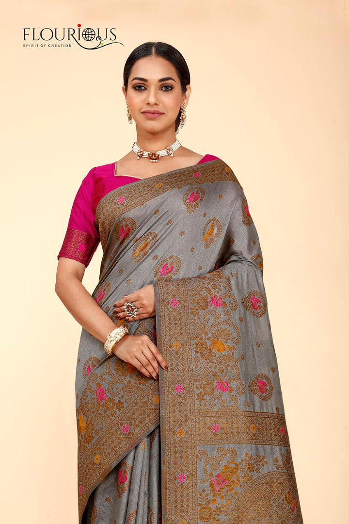 FLOURIOUS Women's Raw Silk Saree for Wedding