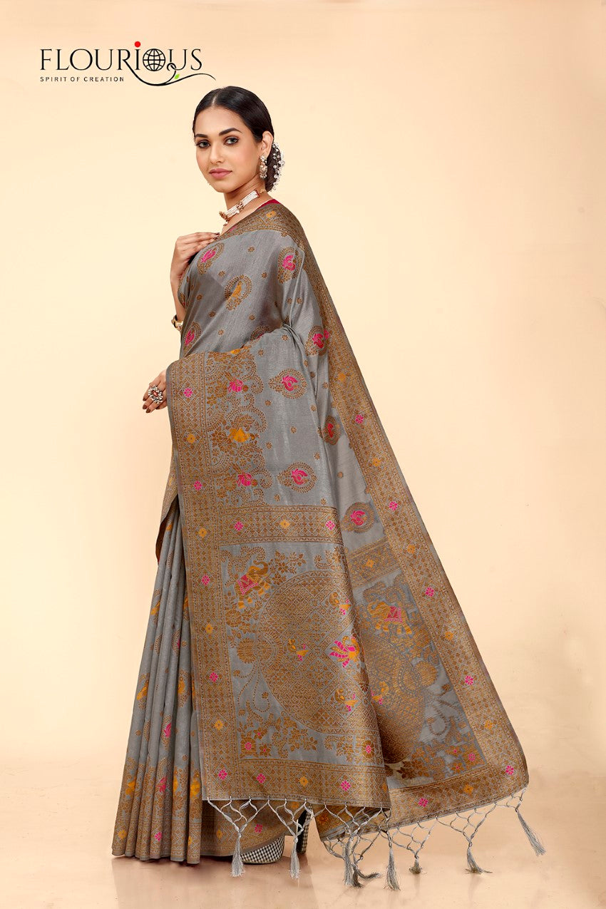 FLOURIOUS Women's Raw Silk Saree for Wedding