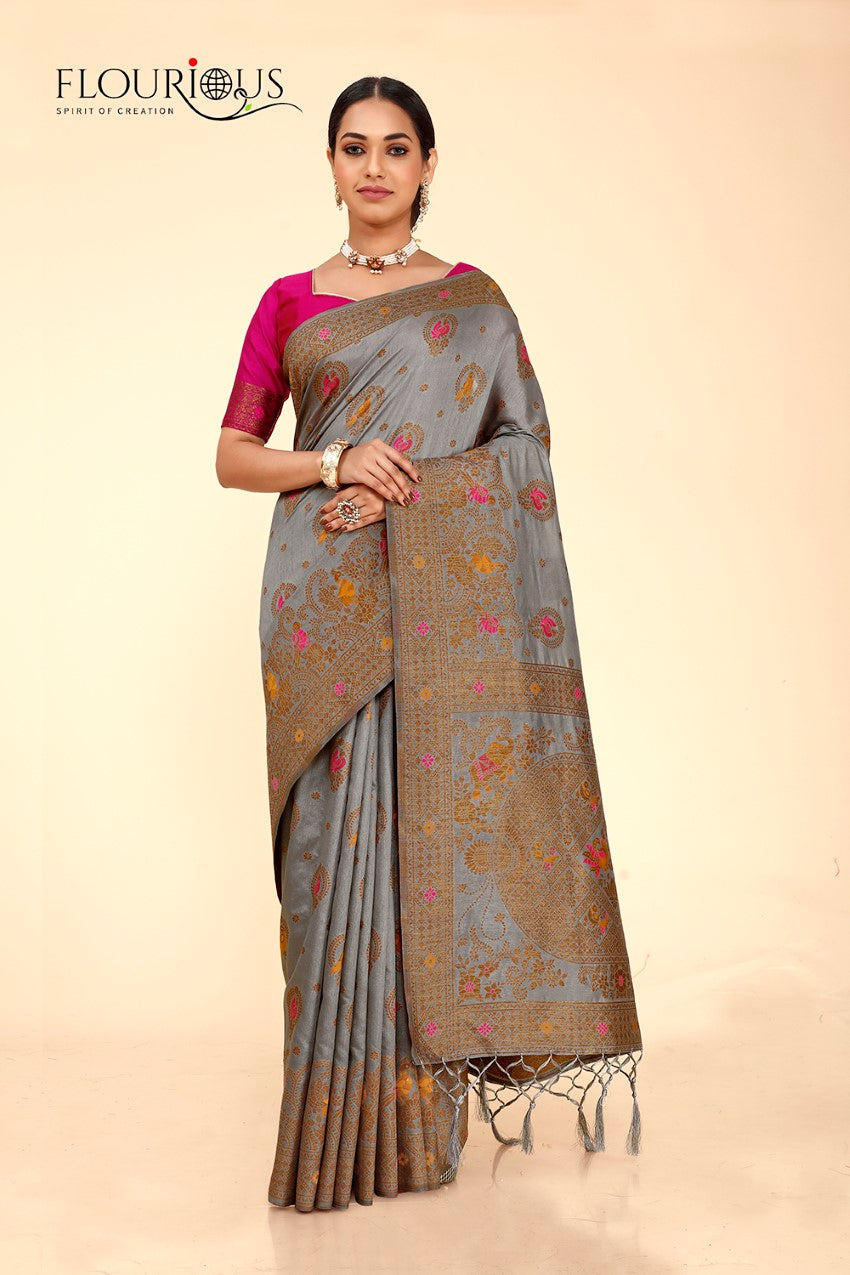 FLOURIOUS Women's Raw Silk Saree for Wedding