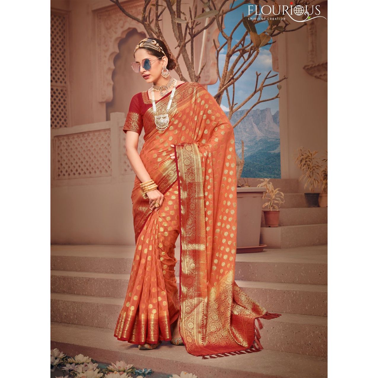 FLOURIOUS Women's Pure Viscose Georgette Saree with Unstitched Blouse Piece - Zari Woven Work Sarees for Women